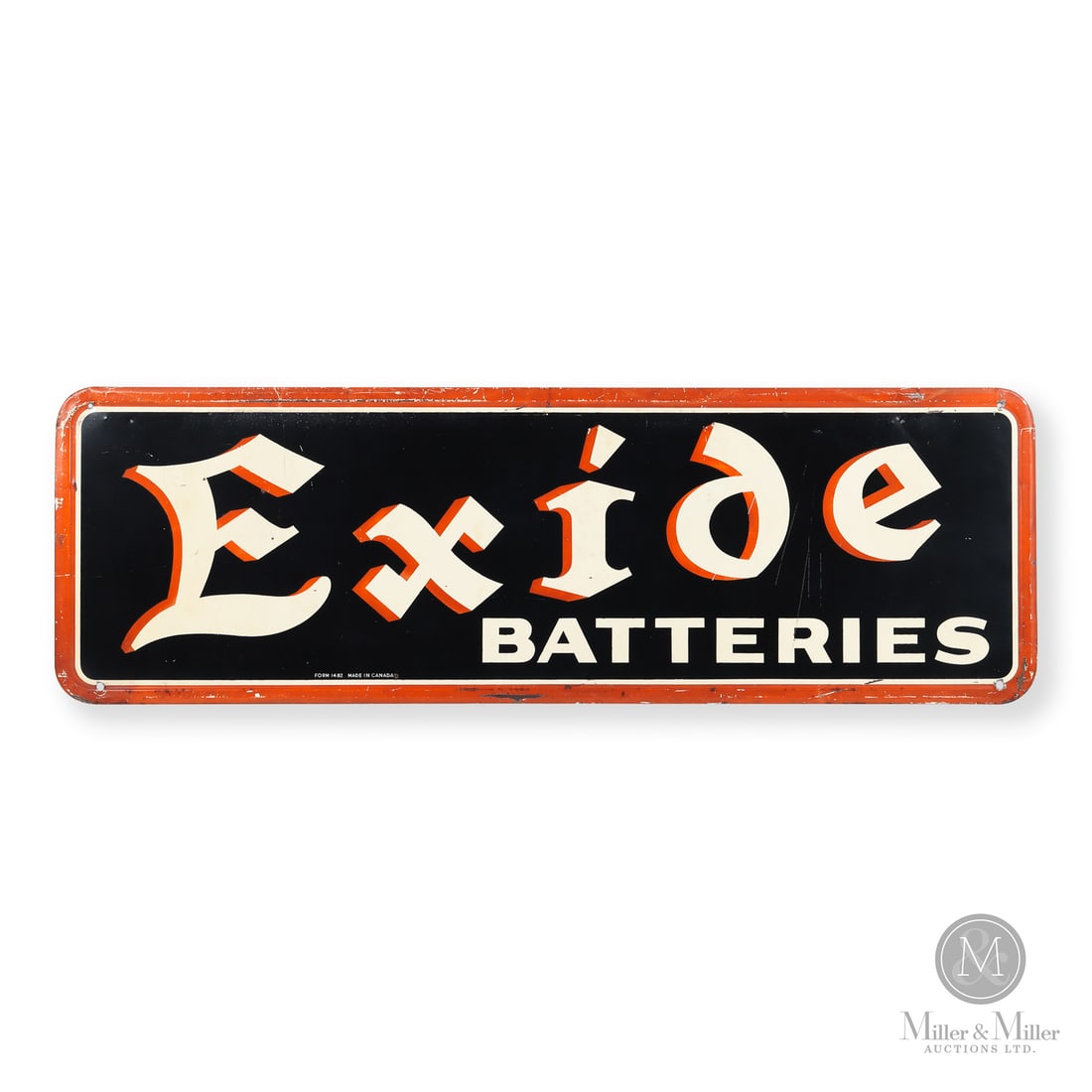Exide Batteries Sign: 1957-1960. Single-sided tin (SST). Embossed. This sign advertised a brand originally introduced in 1900 as "Excellent Oxide". The name was shortened to a catchy, more recognizable name that was easier