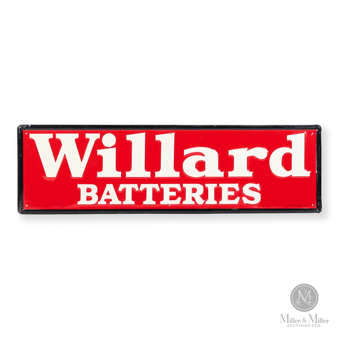 Willard Batteries Sign: 1949. Single-sided tin (SST). Embossed. Self-framed. This sign was made shortly before Willard Electric & Battery Co. was sold to the Electric Storage Battery Co. (ESB) in 1952. During its existence