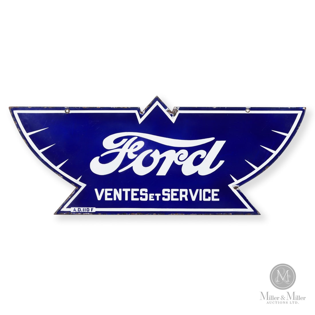 Ford "Ventes Et Service" Sales and Service Sign: 1914-1916. Double-sided porcelain (DSP). This Ford "Ventes Et Service" (Sales and Service) winged pyramid sign was made by the Gurney Foundry Company for the French-Canadian market. Ford entered the F