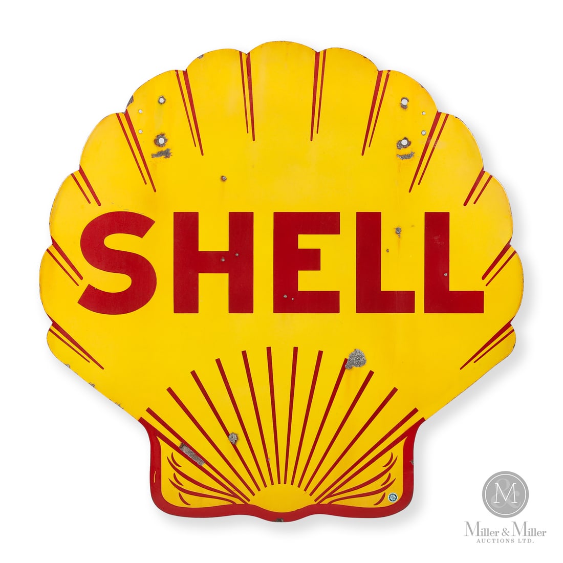 Shell Gasoline 4' Clamshell Sign: 1948 - 1955. Double-sided porcelain (DSP). Die-cut. Authenticated by The Authentication Company (TAC #8.5/8.5). All items are guaranteed authentic by Miller & Miller Auctions. All purchases are