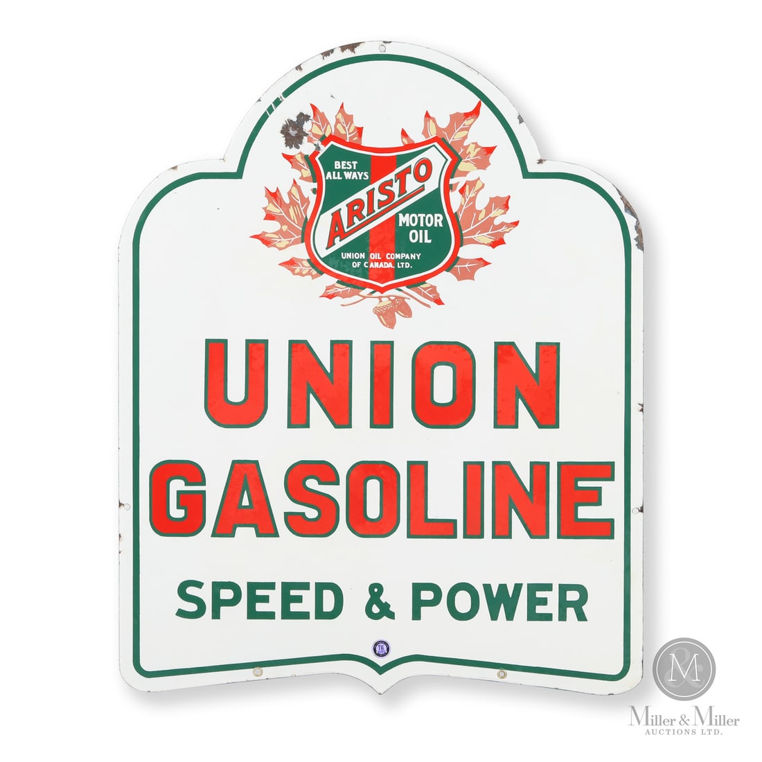 Union Gasoline Aristo Motor Oil Curb Sign: 1921-1932. Double-sided porcelain (DSP). This is a die-cut sign that was designed to promote two flagship products of the Union Oil Company of Canada, Ltd. The Union Oil Company of Canada, Ltd. was