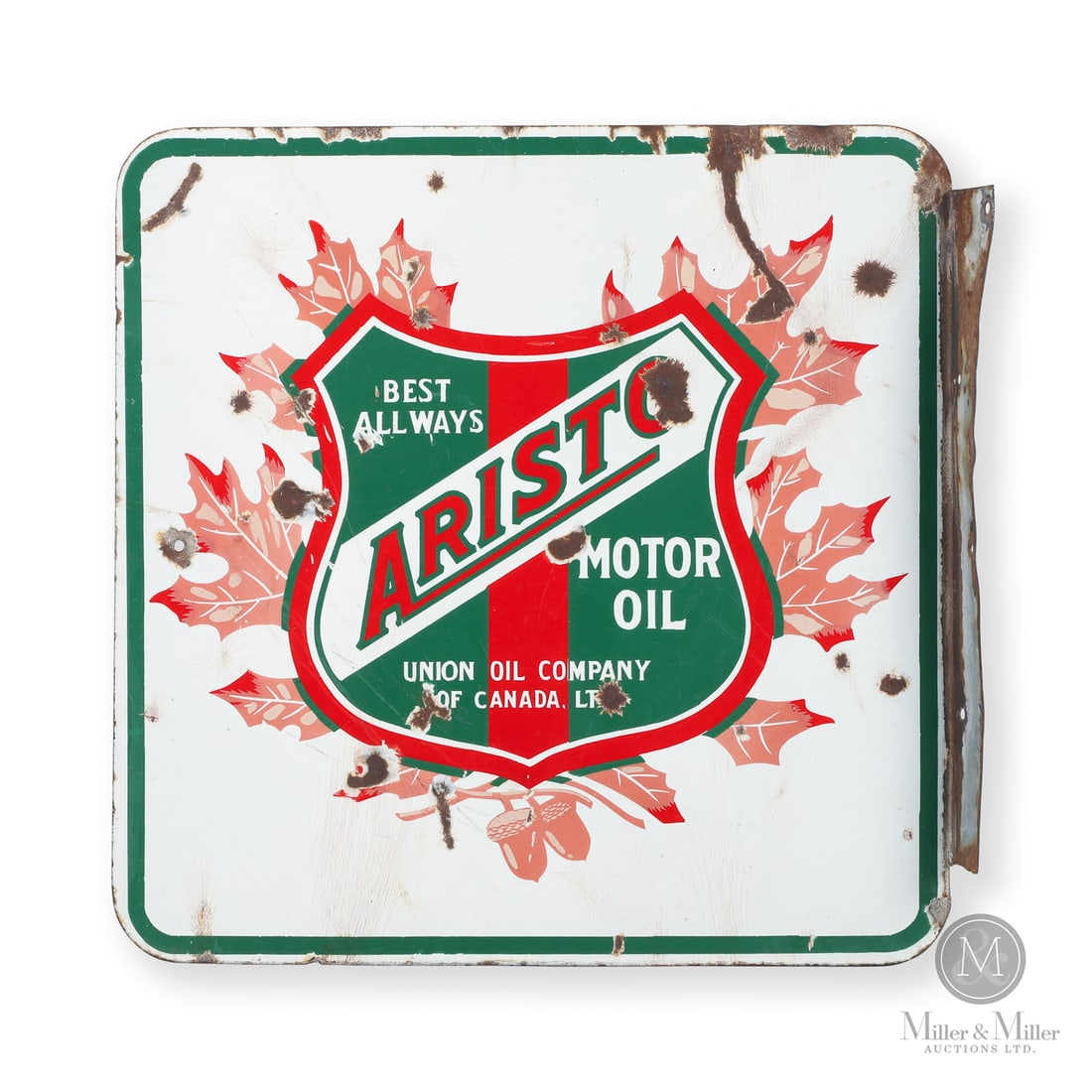 Union Oil "Aristo" Motor Oil Flange Sign: 1921-1932. Double-sided porcelain (DSP). The Union Oil Company of Canada, Ltd. was the Canadian subsidiary of Union Oil of California. Incorporated in 1921, the company is known for being the first