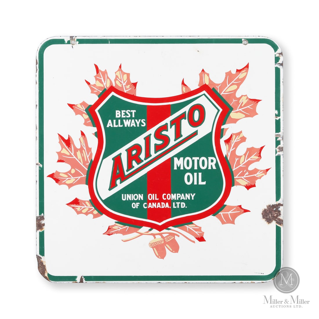 Union Oil "Aristo" Motor Oil Sign: 1921-1932. Double-sided porcelain (DSP). The Union Oil Company of Canada, Ltd. was the Canadian subsidiary of Union Oil of California. Incorporated in 1921, the company is known for being the first in