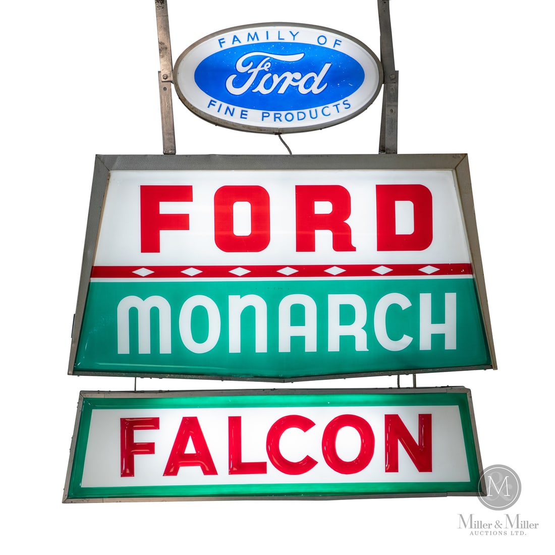 Ford Monarch Falcon "Family of Fine Cars" Dealer Sign: Early 1960s. Lexan. Backlit. After the failure of the Edsel, Ford merged its divisions into a single entity and adopted the slogan "Family of Fine Cars". Ford introduced Monarch to give Canadian Ford