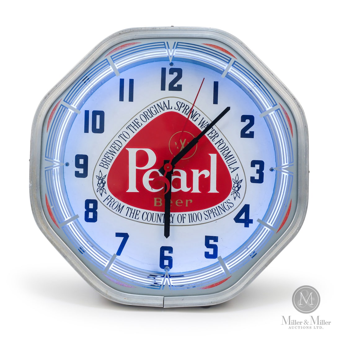 Pearl Beer Neon Clock: 1961 - 1970. Single-sided painted metal (SSPM) dial. Reverse glass lens. Pearl Beer is a legendary Texas brand from San Antonio, Texas. "From the Country of 1100 Springs," refers to the pure artesian