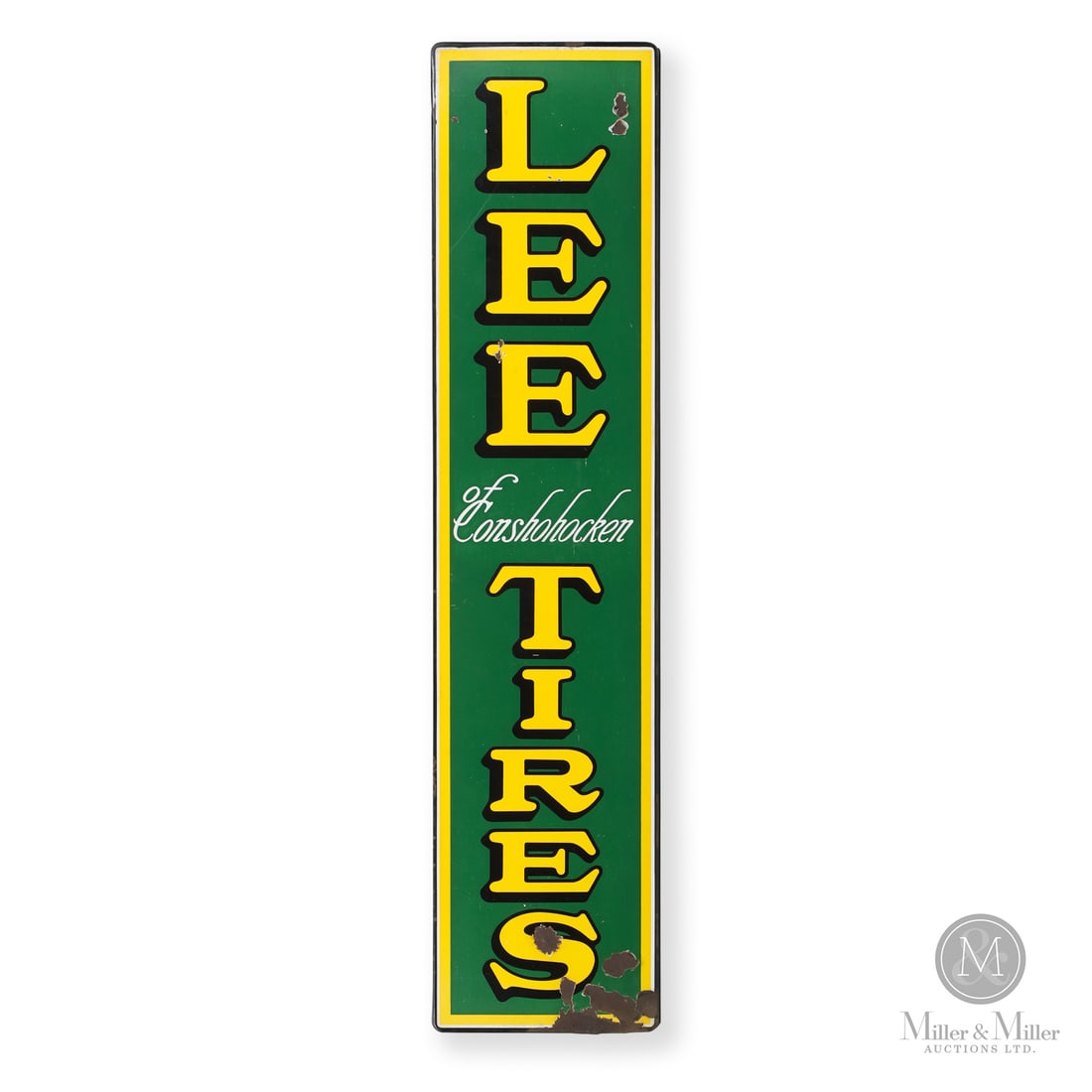 Lee Tires Vertical Sign: 1920s - 1930s. Single-sided porcelain (SSP). Return edge. Lee Tires was founded in Conshohocken, Pennsylvania. Authenticated by The Authentication Company (TAC #8.25). All items are guaranteed