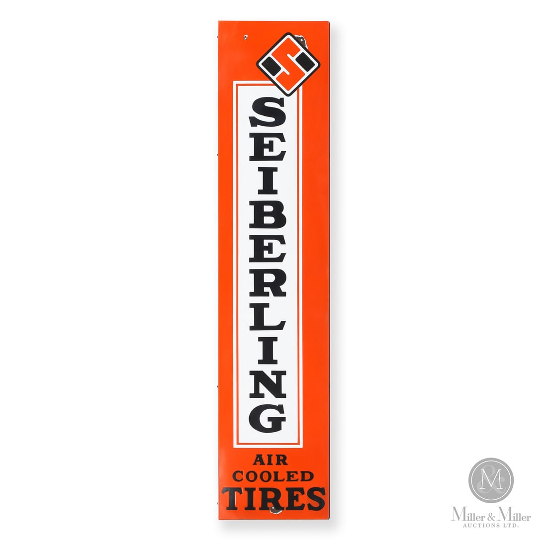 Seiberling Tires Vertical Sign: 1950s. Single-sided porcelain (SSP). Return Edge. All items are guaranteed authentic by Miller & Miller Auctions. All purchases are eligible for free delivery to the Check the Oil Show on June 26,