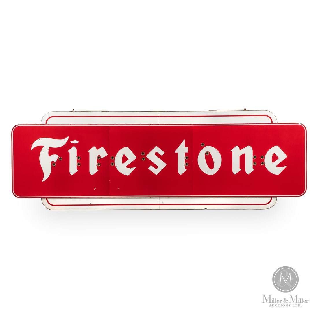 Monumental 15' Firestone Neon Sign: 1956-early 1960s. Double-sided porcelain (DSP). Each side is comprised of three return edge panels mounted with two upper and lower return edge panels (7 panels total per side). Jones Neon Displays wa