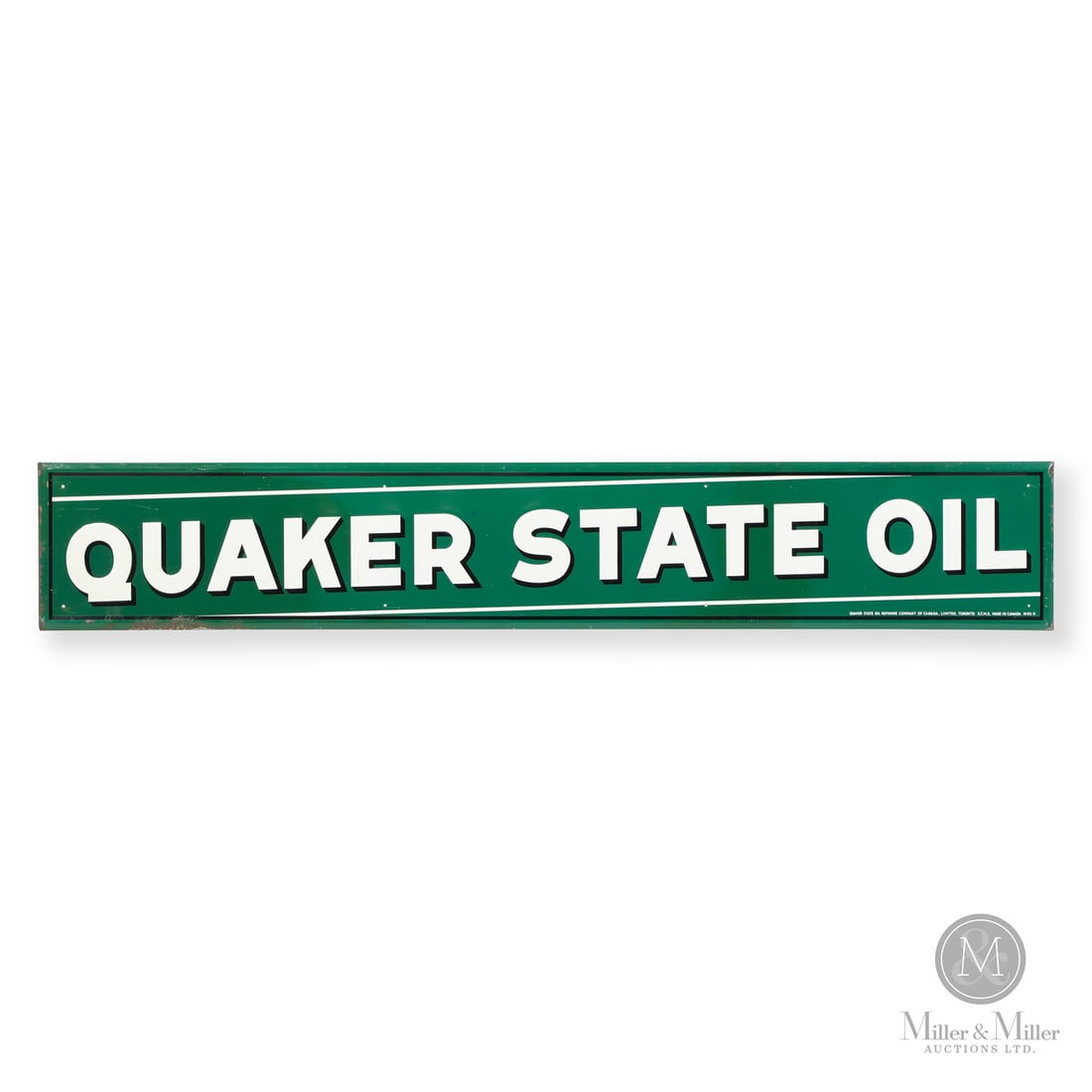 Quaker State Oil Sign: 1946-1949. Single-sided painted metal (SSPM). Embossed. This sign represents a major design shift that occurred after WWII to market motor oil not just as a lubricant but as a performance enhancer for
