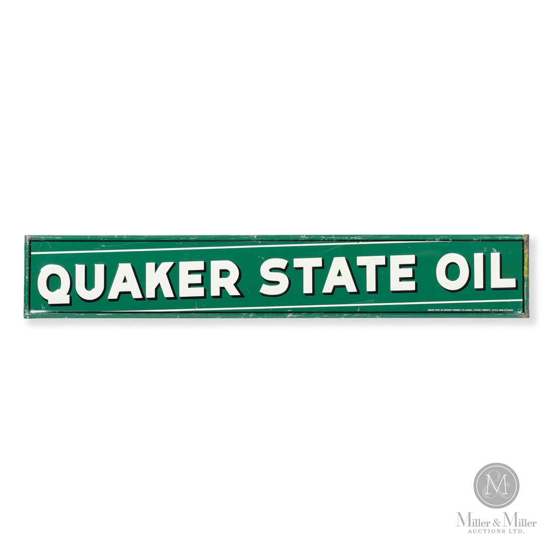 Quaker State Oil Sign: 1946-1949. Single-sided painted metal (SSPM). This embossed sign represents a major design shift that occurred after WWII to market motor oil not just as a lubricant but as a performance enhancer for 