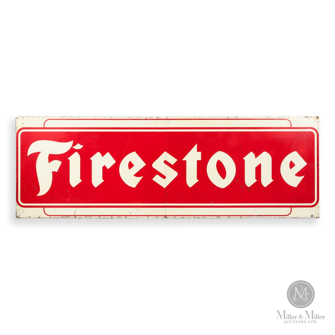 Firestone Dealer Sign: 1950s. Single-sided tin (SST). Two-piece with wood stretcher. Return edge. Authenticated by The Authentication Company (TAC #8.5). All items are guaranteed authentic by Miller & Miller Auctions. All p