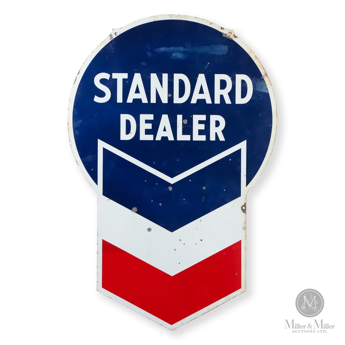 Chevron Standard Dealer Sign: 1947-1955. Double-sided porcelain (DSP). Die-cut. The "Standard Dealer" phrasing was first introduced by Chevron Corporation in 1947 when the company replaced its older branding, as it shifted away fr