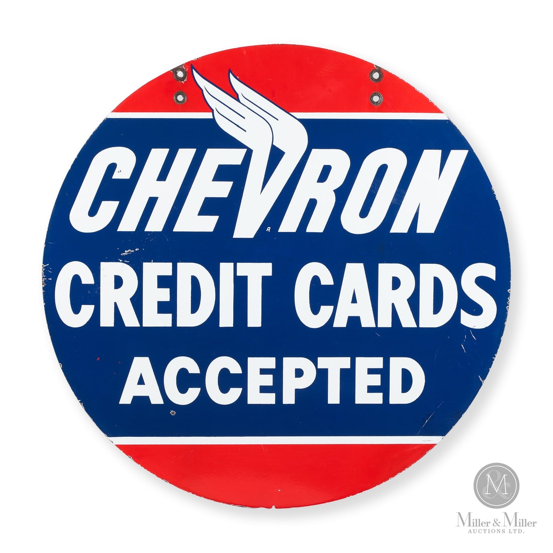 Chevron "Credit Cards Accepted" 3' Sign: 1946-late 1950s. Double-sided porcelain (DSP). The Chevron "winged V" logo was introduced in 1945 as a patriotic nod to the Allied WWII victory overseas. Around the same time, they began using the "Cr