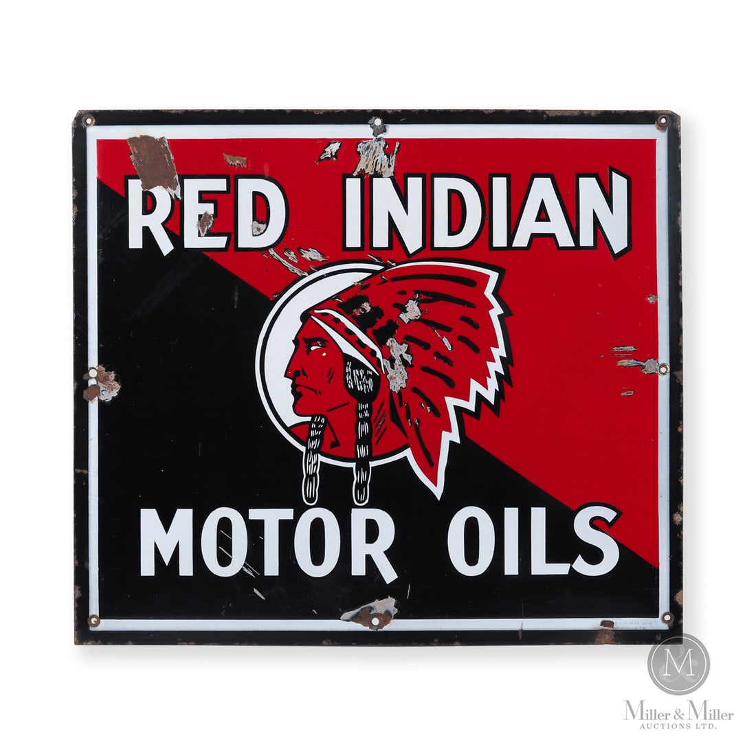 Red Indian Motor Oils Rack Sign: 1934-1939. Single-sided porcelain (SSP). This sign features one of Canada's most iconic and valuable trademarks; a masterpiece design that can be identified as "high-contrast minimalism". The diagonal