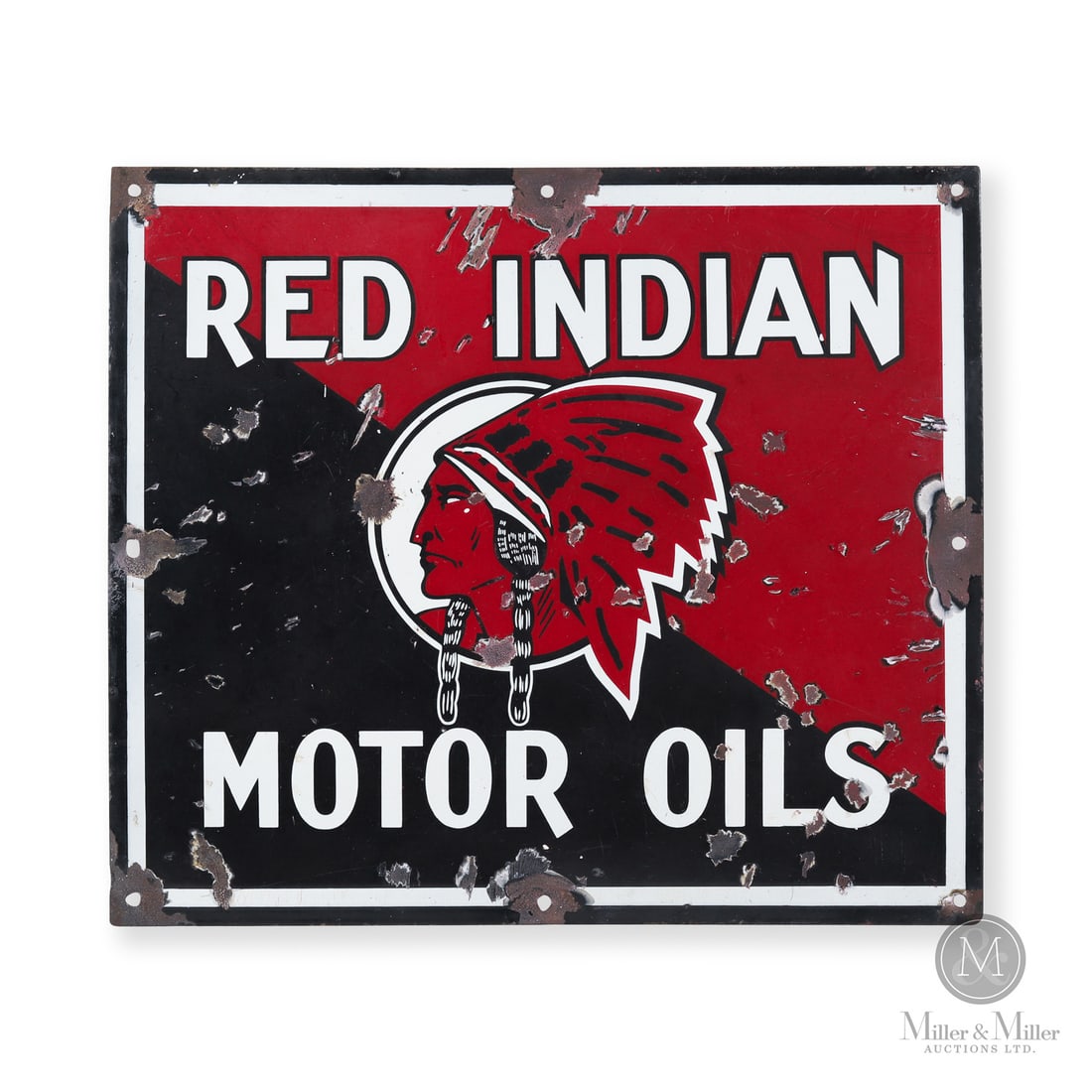 Red Indian Motor Oils Rack Sign: 1927 - 1941. Single-sided porcelain (SSP). Authenticated by The Authentication Company (TAC #7.75). All items are guaranteed authentic by Miller & Miller Auctions. All purchases are eligible for free 