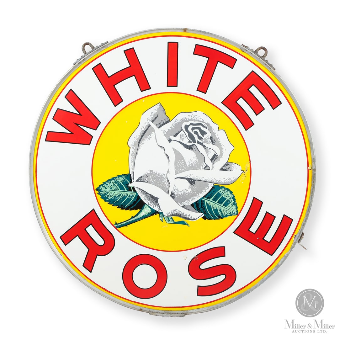 White Rose 4' Service Station Sign: 1939 - 1950s. Double-sided porcelain (DSP). Authenticated by The Authentication Company (TAC #8.5/8.75). All items are guaranteed authentic by Miller & Miller Auctions. All purchases are eligible for 