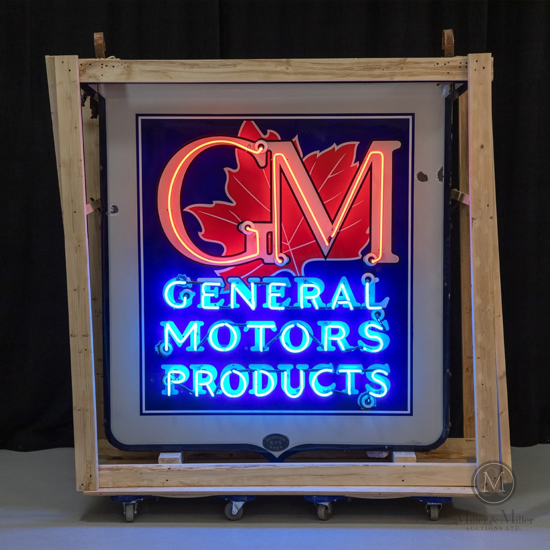 GM General Motors Products Neon Sign: 1940-1941 and 1945. Two (2) single-sided porcelain (SSP) signs mounted to opposing sides. Die-cut. This monumental "General Motors Products” neon - considered a rarity and a “holy grail”