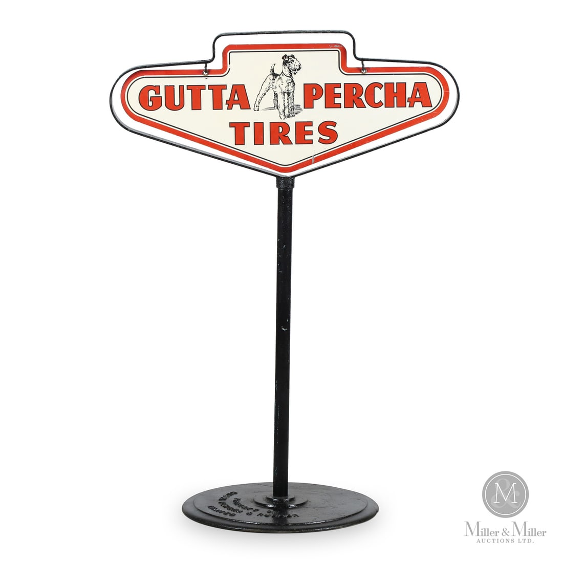 Gutta Percha Tires "Perky" Curb Sign: 1920s-1930s. Double-sided painted metal (DSPM). Die-cut. Founded in Toronto in 1883, Gutta Percha was once the largest all-Canadian rubber company and a cornerstone of Toronto's industrial history. It