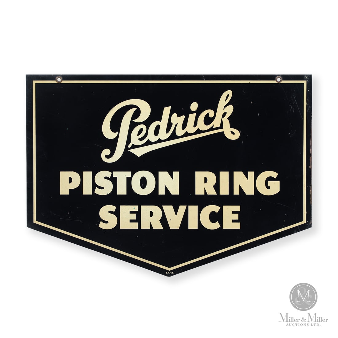 Pedrick Piston Ring Service Sign: 1935-1942. Double-sided painted metal (DSPM). Pedrick piston rings were produced by the Wilkening Manufacturing Company of Philadelphia. The brand had a strong presence in Canada, founded on Canada's 