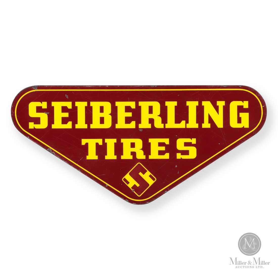 Seiberling Tires Sign: 1950s. Single-sided porcelain (SSP). Return edge with mounting flanges. All items are guaranteed authentic by Miller & Miller Auctions. All purchases are eligible for free delivery to the Check the Oi