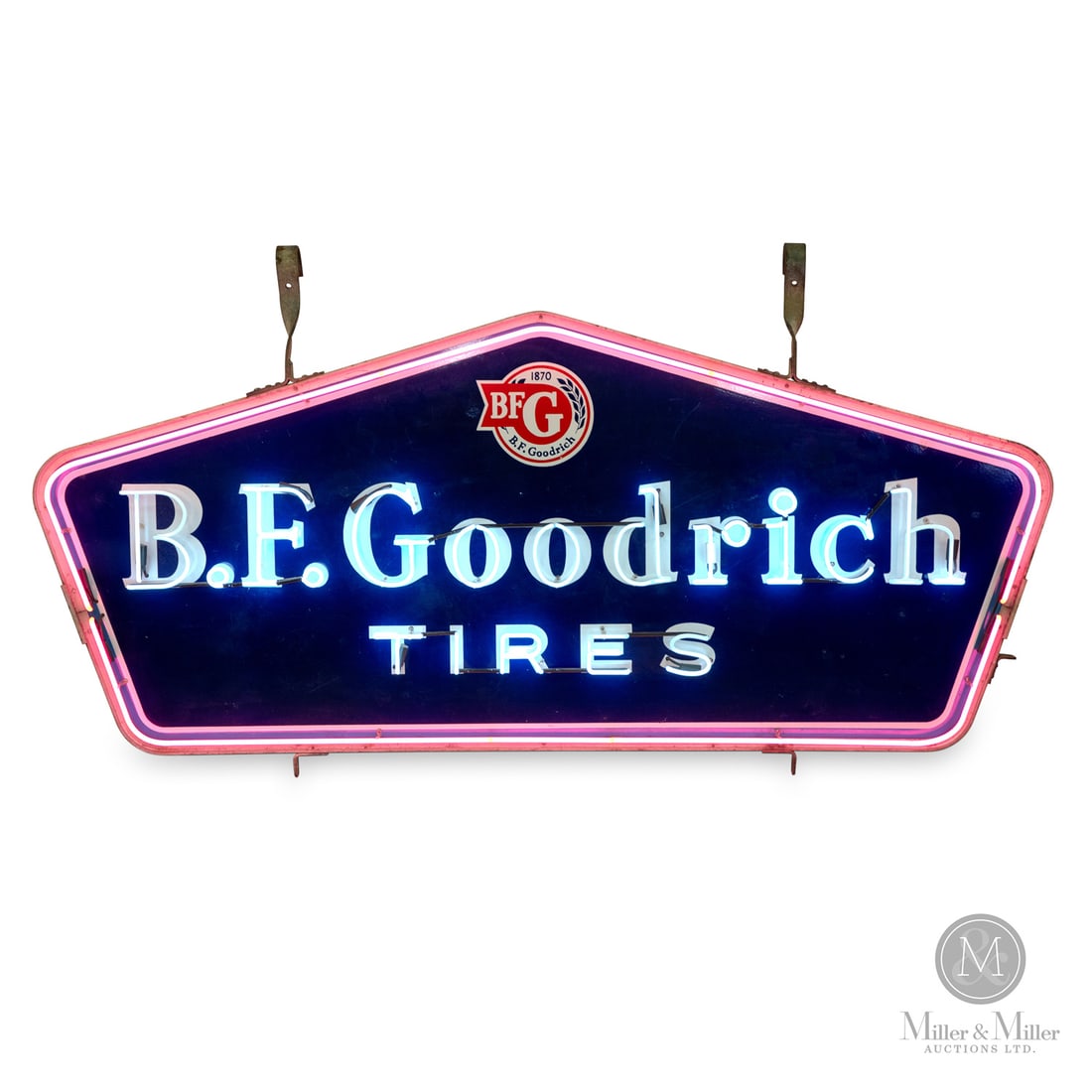 Oversized B.F. Goodrich Tires Sign w/ Custom Neon: 1950s. Double-sided porcelain (DSP). Die-cut. All items are guaranteed authentic by Miller & Miller Auctions. All purchases are eligible for free delivery to the Check the Oil Show on June 26, 2026. 5