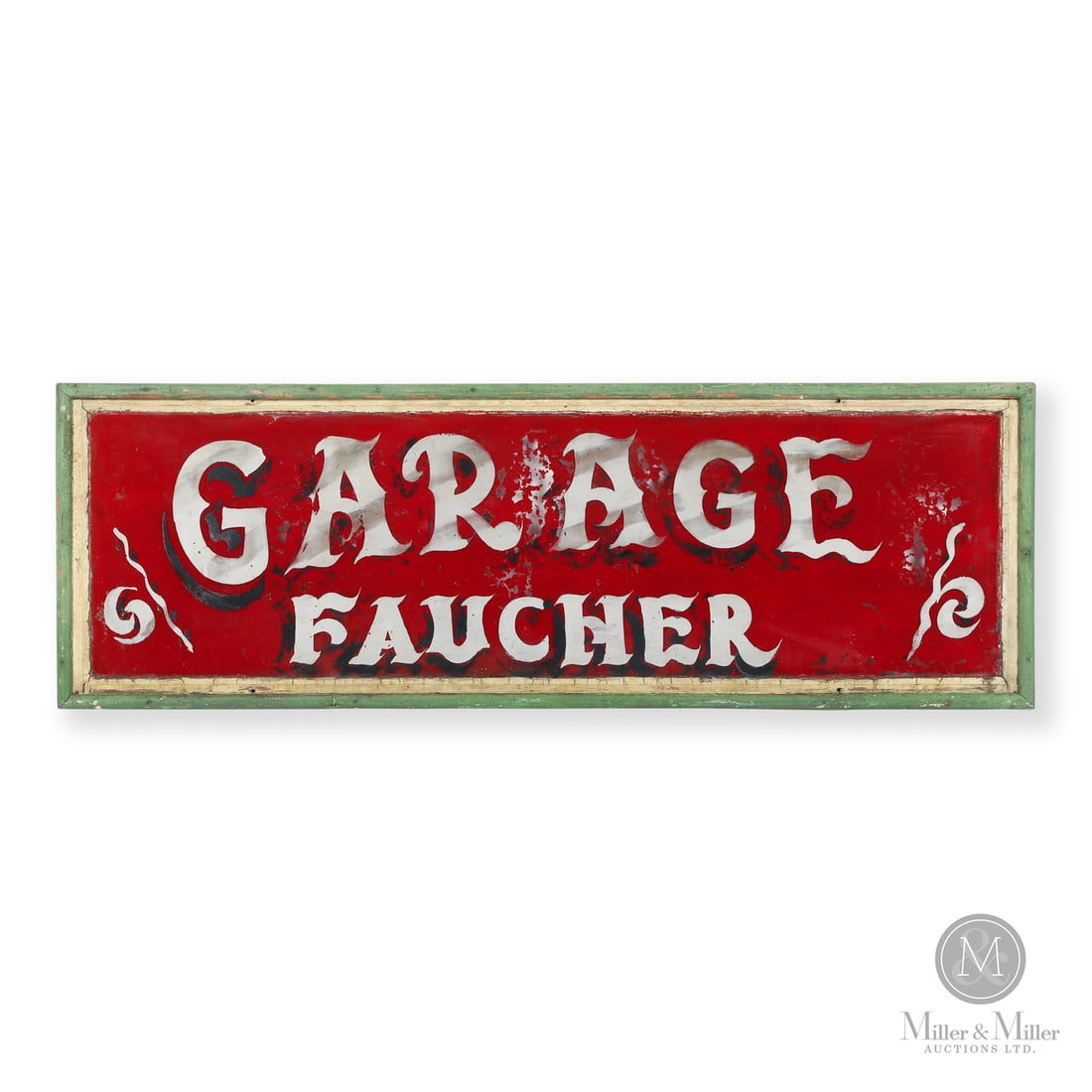 Garage "Faucher" Trade Sign: 1920s-1930s. Reverse-painted glass. Painted wood frame. This sign originates from the Province of Quebec in Canada where several automotive businesses bearing the Faucher name remain. This early trade