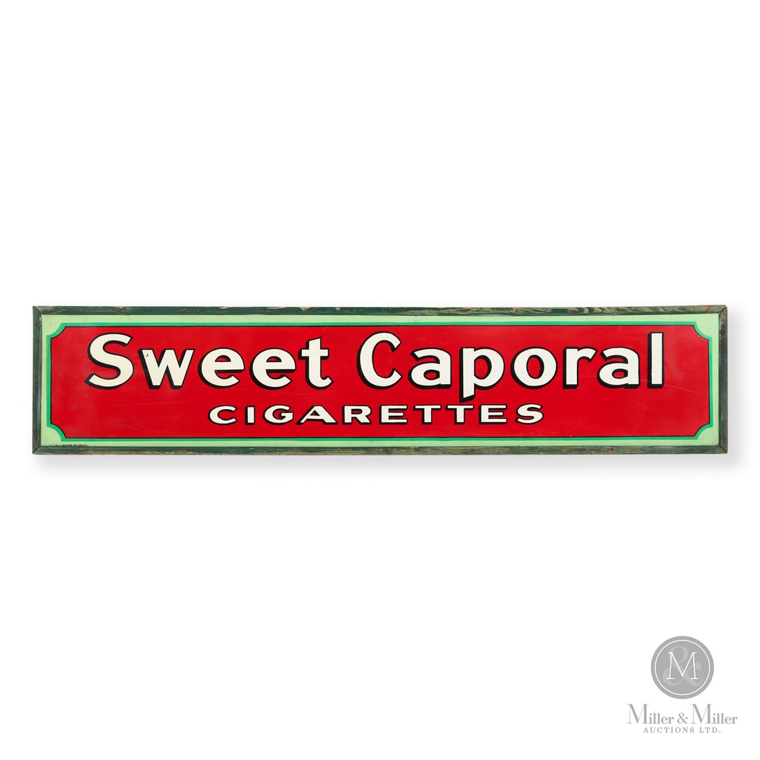 Sweet Caporal Cigarettes Sign: 1951. Single-sided tin (SST). Painted wood frame. The name Sweet Caporal described the blend of tobacco used to make it. "Sweet" referred to the Turkish tobacco, which had a naturally distinct sweet f