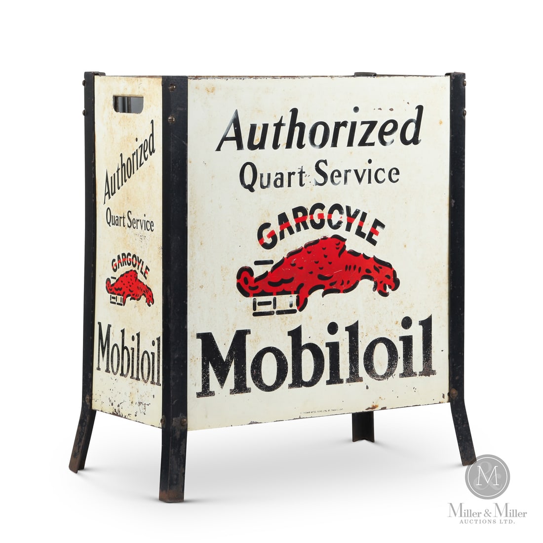 Gargoyle Mobiloil "Quart Service" Oil Rack: Late 1920s - Early 1930s. Single-sided painted metal (SSPM). A rare Canadian-made 8-quart bottle rack. All items are guaranteed authentic by Miller & Miller Auctions. All purchases are eligible for fr
