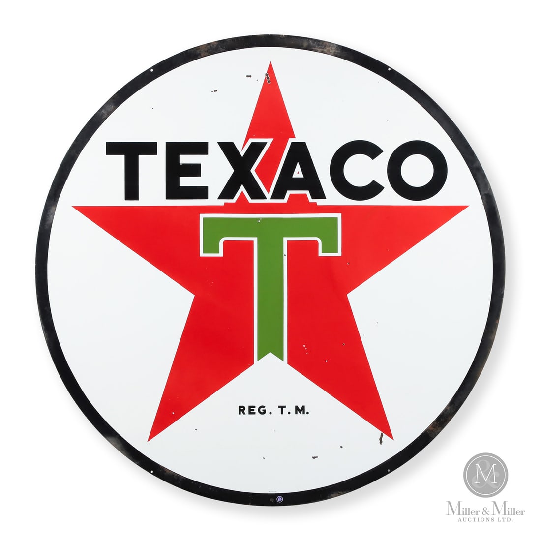 Texaco 6’ Service Station Sign: 1959. Double-sided porcelain (DSP). This sign, with the "Reg. T.M." marking, was produced just before Texaco transitioned, in 1959, to the modern Circle R (®) symbol for its trademarks. Authenticated