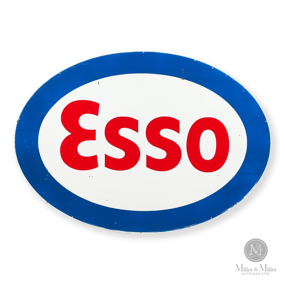 Esso Service Station Sign: 1953-1964. Double-sided porcelain (DSP). This is referred to as the "Esso Blue" sign. The name comes from the light blue border (which differed from Esso's standard deep navy blue border). The lighter