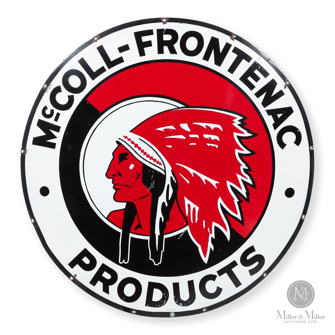 McColl-Frontenac Red Indian 5’ Service Station Sign: 1940-1941. Single-sided porcelain (SSP). This sign is one of Canada's most iconic and valuable trademarks in Canadian advertising history, namely the "Red Indian". It is a masterpiece of what is refer