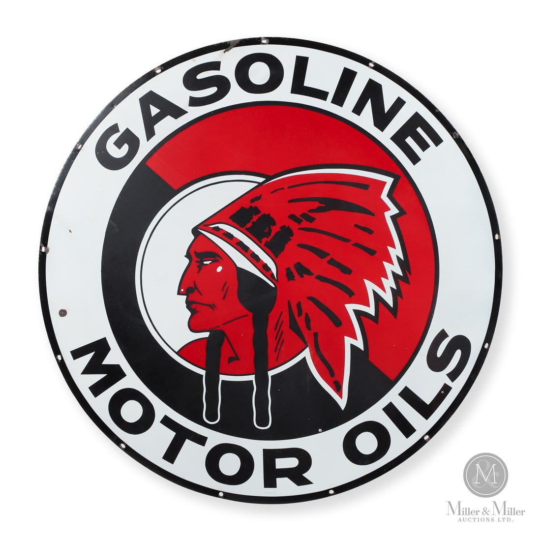 Red Indian Gasoline/Motor Oils 5' Service Station Sign: 1934-1939. Single-sided porcelain (SSP). This sign features one of Canada's most iconic and valuable trademarks; a masterpiece design that can be identified as "high-contrast minimalism". Three bold c