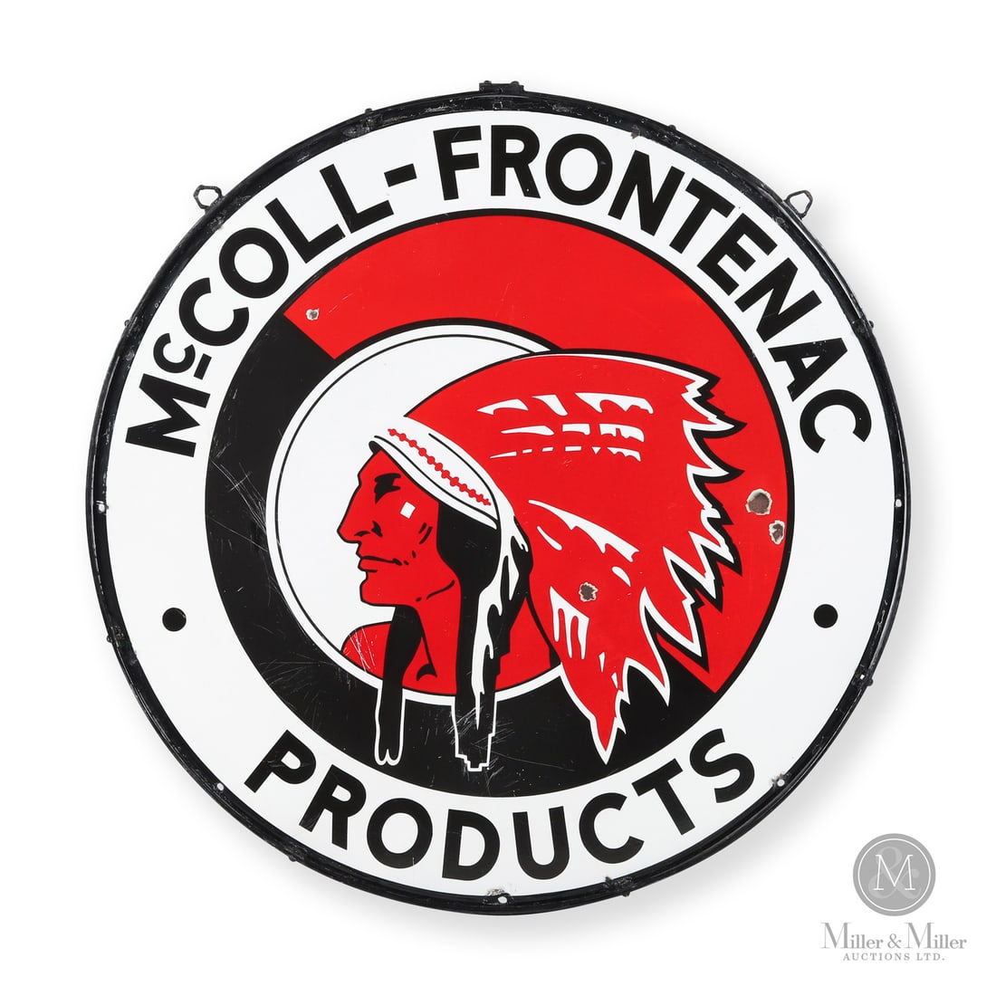 McColl-Frontenac Red Indian 42?? Sign: 1930s-1941. Double-sided porcelain (DSP). Made in Canada. 1940-1941. This sign was produced by Vilas Enamel Products in its first year of production. It features one of Canada's most iconic and valuab