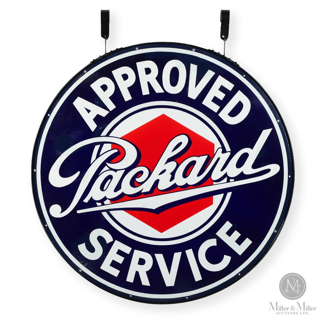 Packard "Approved Service" 5' Dealer Sign: 1940's. Double-sided porcelain (DSP). The red hexagon logo featured in the center of this sign was Packard's famous trademark. The red originated from a mechanic's trick in the early days of motoring.