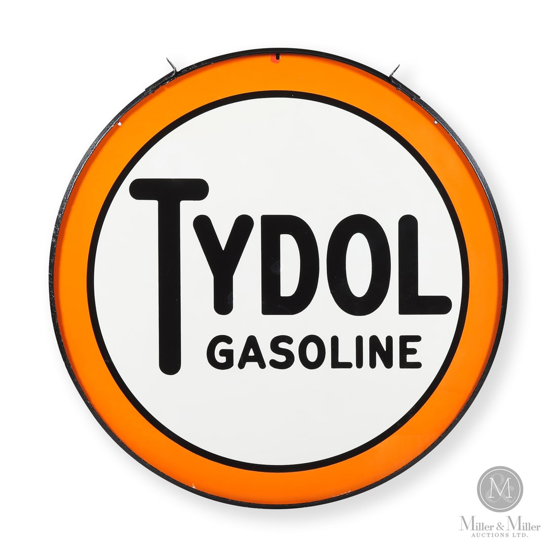 Tydol Gasoline 4' Service Station Sign: 1936 Double-sided porcelain (DSP). All items are guaranteed authentic by Miller & Miller Auctions. All purchases are eligible for free delivery to the Check the Oil Show on June 26, 2026. 48" dia. x 2