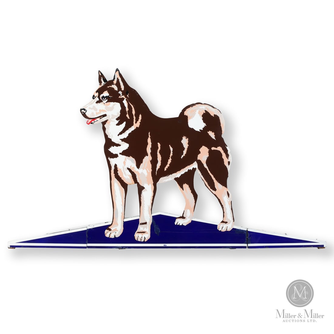 Husky Refining Company "Cookie Cutter" Sign: 1946-1950s. Single-sided porcelain (SSP). Die-cut. Return edge. This die-cut sign is part of the visual evolution of the Husky Refining Company, founded in Cody, Wyoming, in 1938. The initial branding