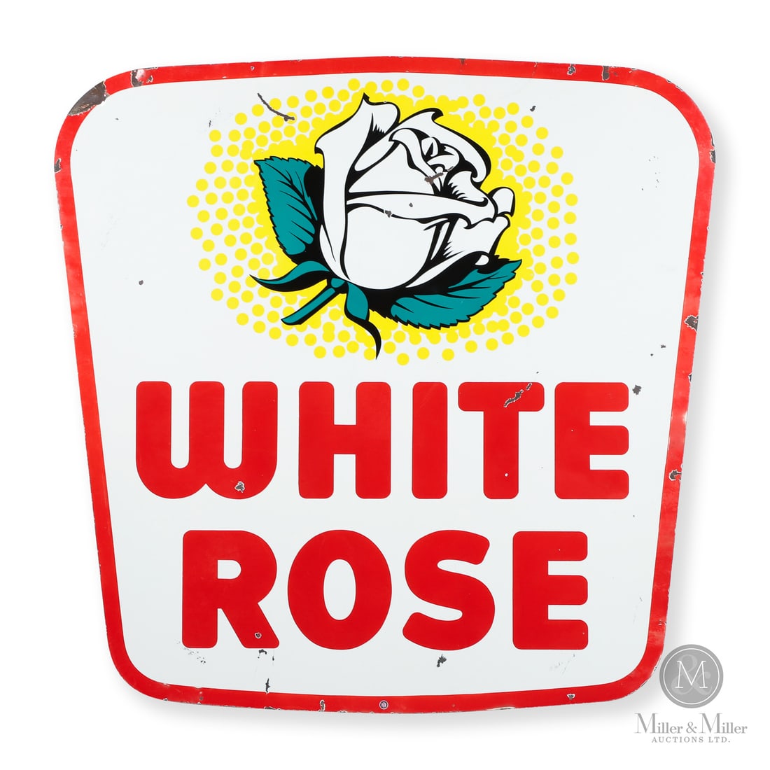 White Rose 6' "Shield" Dealer Sign: 1946-1962. Double-sided porcelain (DSP). Die-cut. This sign was made during the early years of the P&M Orillia company's existence. The design of the white rose flower was created by Bill Templeton, a