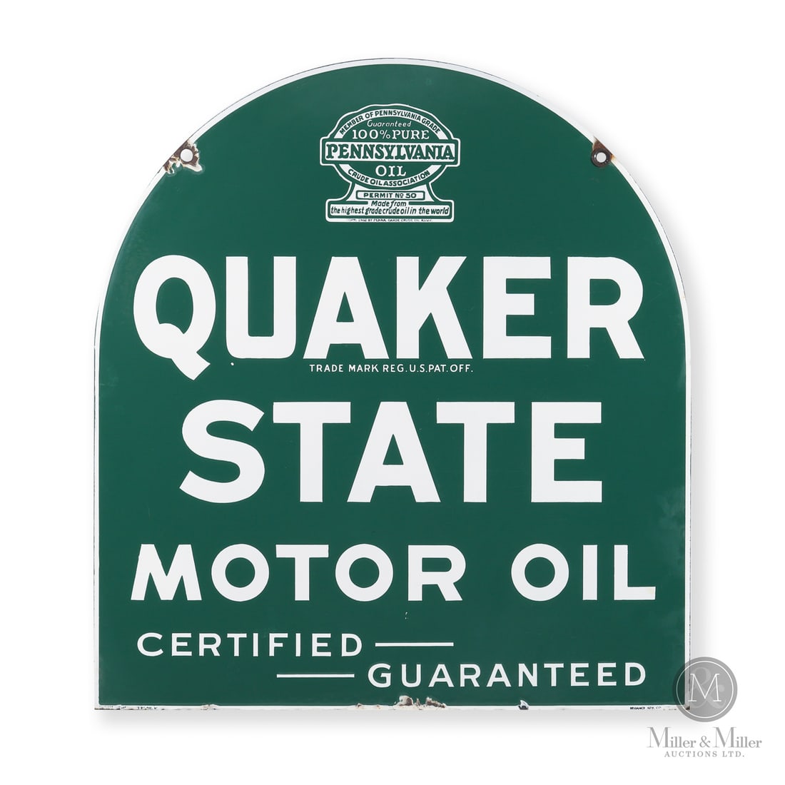 Quaker State "Tombstone" Curb Sign: 1930s. Double-sided porcelain (DSP). An early 1932 patented version with thick, heavy shelving. All items are guaranteed authentic by Miller & Miller Auctions. All purchases are eligible for free deli