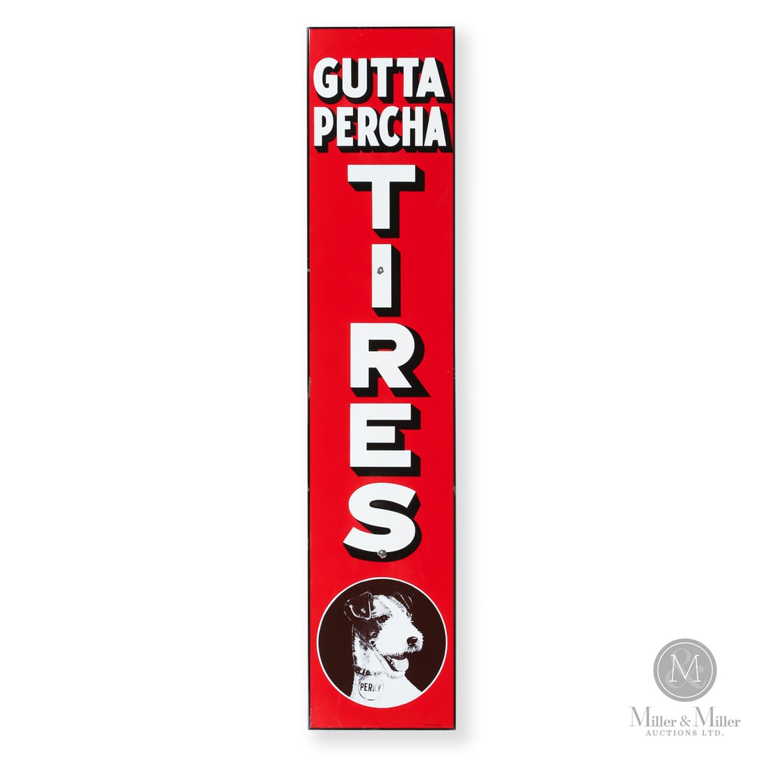 Gutta Percha Tires "Perky" Vertical Sign: Late 1920s-mid 1930s. Single-sided porcelain (SSP). Founded in Toronto in 1883, Gutta Percha was once the largest all-Canadian rubber company and a cornerstone of Toronto's industrial history. Its ear