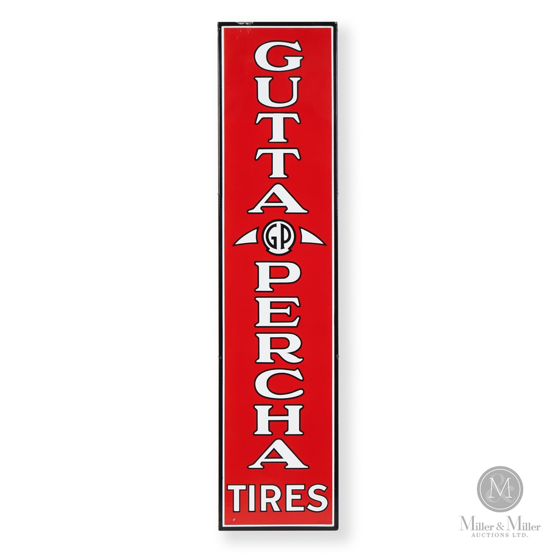 Gutta Percha Tires Vertical Sign: 1930s. Single-sided porcelain (SSP). Return edge. Founded in Toronto in 1883, Gutta Percha was once the largest all-Canadian rubber company and a cornerstone of Toronto's industrial history. Its early