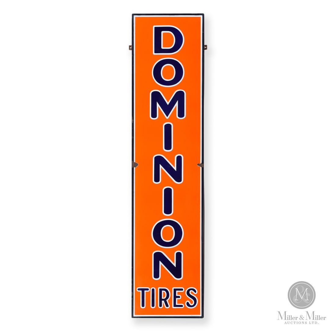 Dominion Royal Tires Vertical Sign: 1940s. Single-sided porcelain (SSP). Return Edge. All items are guaranteed authentic by Miller & Miller Auctions. All purchases are eligible for free delivery to the Check the Oil Show on June 26, 202