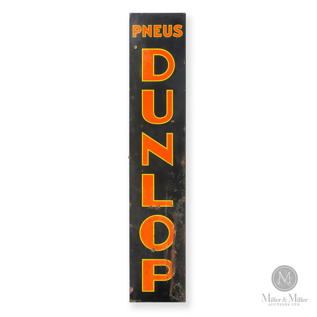 Dunlop Tires Vertical Sign: 1936 Single-sided porcelain (SSP). Return edge. All items are guaranteed authentic by Miller & Miller Auctions. All purchases are eligible for free delivery to the Check the Oil Show on June 26, 2026.