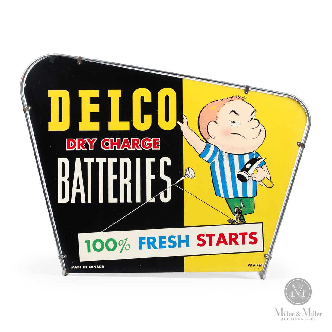 Delco Batteries "Freshie Boy" Rack Sign: 1960-1963. Single-sided tin (SST). The "Freshie Boy" campaign and "100% Fresh Starts" slogan were both introduced in 1960 and ended in 1963. The "Freshie Boy" had a grumpy expression that represented 
