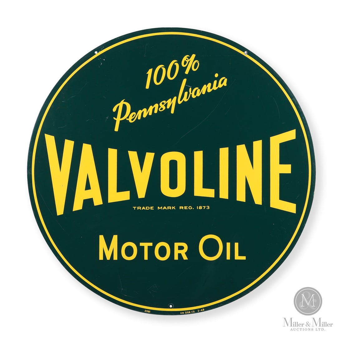 Valvoline Motor Oil Sign: 1949. Double-sided painted metal (DSPM). The deep green background was used as an homage to the physical appearance of the oil. In the early 20th century, high-quality crude from the Pennsylvania oil 