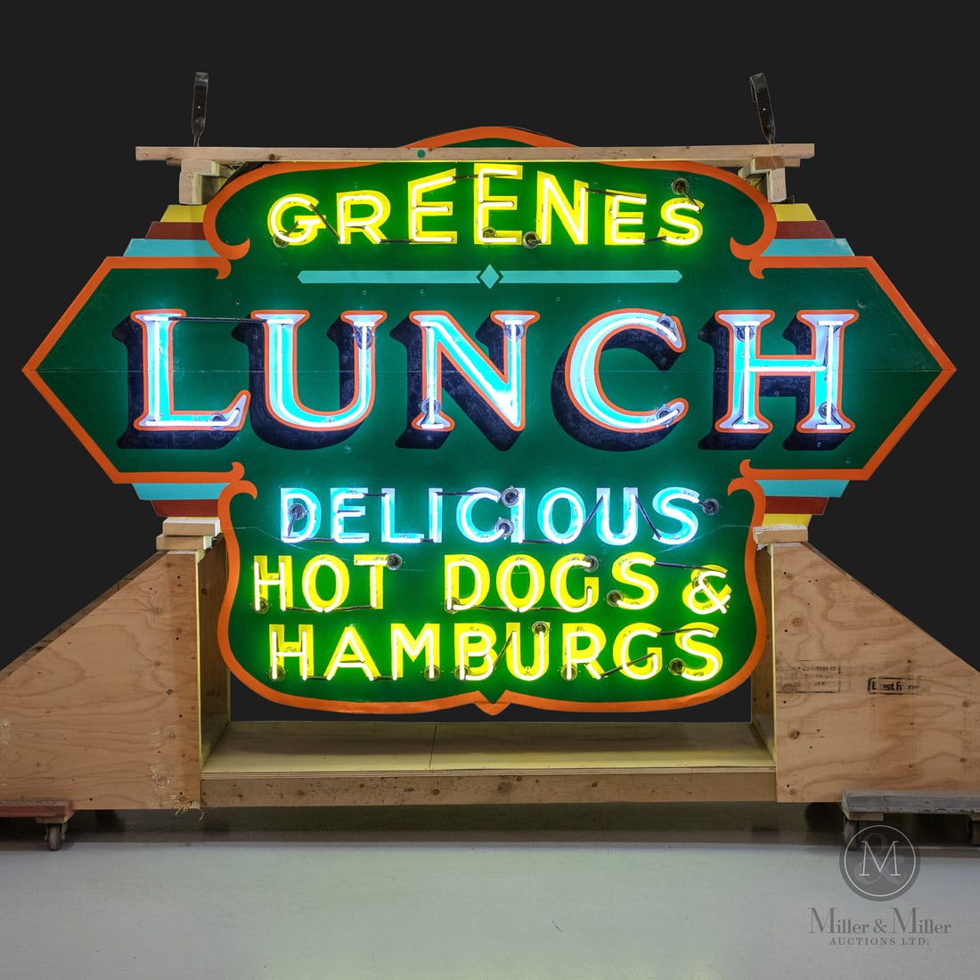 Bill Greene's LUNCH Neon Sign: 1940s. Two single-sided painted metal (SSPM) signs mounted to opposing sides. From Bill Greene's Lunch and Reliance Station at Halson and Wilson Streets, Ancaster, Ontario. A circa 1950 photograph sho