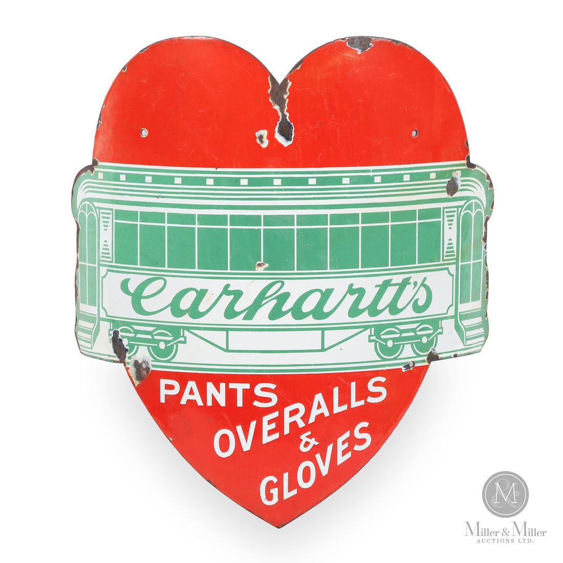 Carhartt Overalls Corner Sign: 1910-1925. Single-sided porcelain (SSP). Convex. Die-cut. This version of the Carhartt Overalls corner sign featuring a mint green car was produced for the Canadian market. It is scarcer than known va