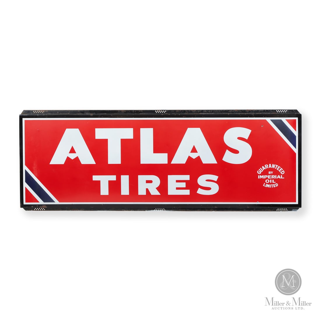 Atlas Tires "Guaranteed by Imperial Oil" Sign: 1935-1939 and 1946-1950. Single-sided porcelain (SSP). Return edge. The Atlas Supply Company was formed in 1929 by a group of Standard Oil "sister" companies. Imperial Oil, as the Canadian subsidiary 