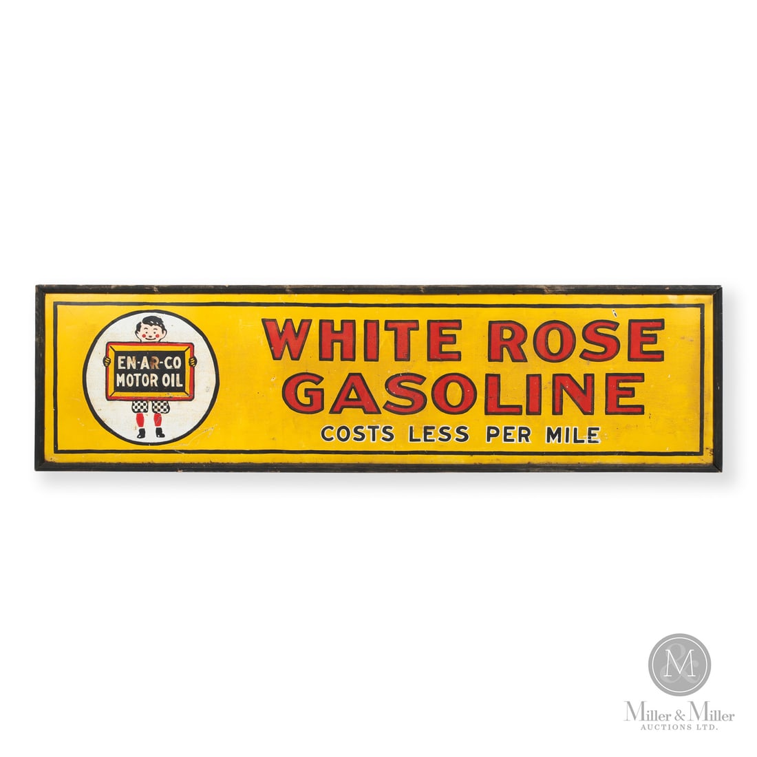 En-ar-co White Rose Gasoline Sign: 1917-early 1920s. Single-sided tin (SST). Painted wood frame. National Refining Company and Canadian Oil Companies Ltd. created awareness for their En-Ar-Co brand oils through their beloved "Slate Boy