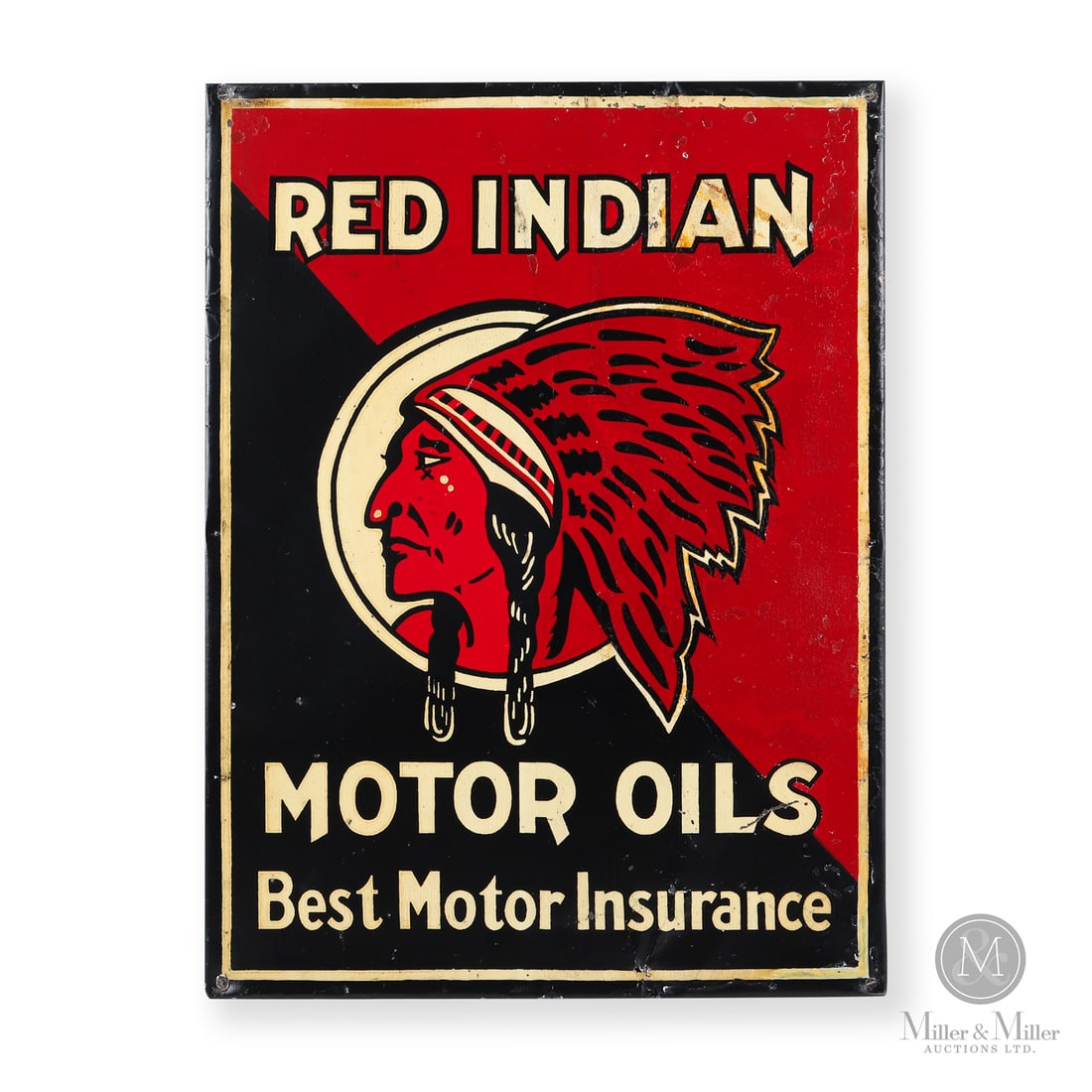 Red Indian Motor Oils "Best Motor Insurance" Sign: 1920s. Single-sided tin (SST). Heavy gauge tin with rolled edge. Scarce. Features the earlier and more detailed "Indian Head" logo. The slogan "Best Motor Insurance" is seen only in the earliest Red I