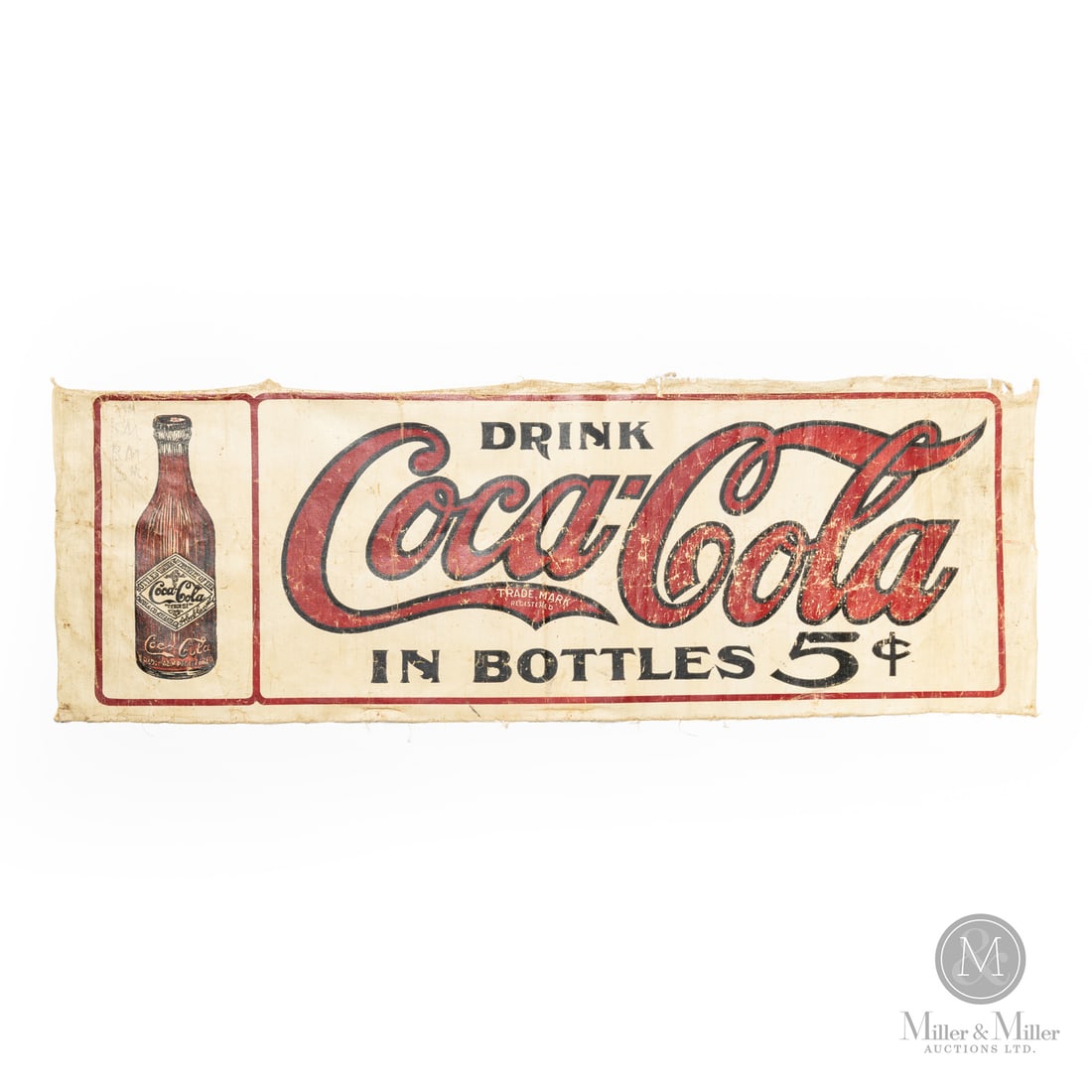 Coca-Cola in Bottles 5c Banner: 1900-1916 Single-sided oilcloth. Features a straight-sided Coca-Cola bottle with diamond paper label. The first diamond paper label bottle was introduced around 1900. It was phased out in favour of th
